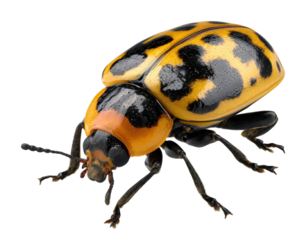Vibrant yellow beetle crawling on green leaf nature isolated on transparent background