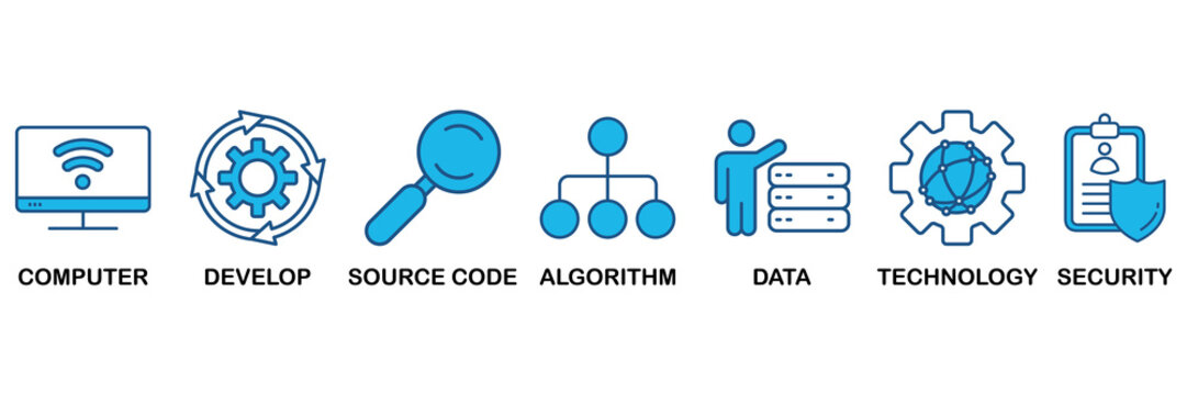 Programming icon set In Blue Monochrome Flat Design, Vector Illustration concept relate to icon of computer, develop, source code, algorithm, data, technology and security