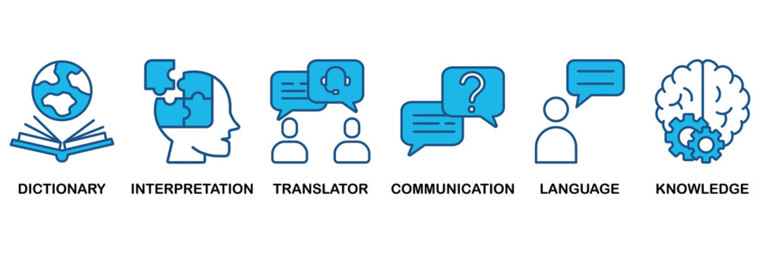 Translation icon set In Blue Monochrome Flat Design, Vector Illustration concept relate to icon of dictionary, interpretation, translator, communication, language, and knowledge