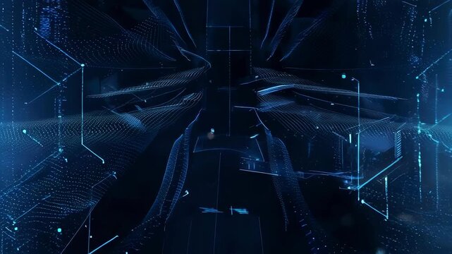 Abstract digital art with a dark background and neon blue linear shapes. The design is complex and futuristic