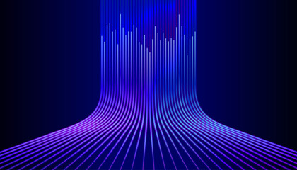 Futuristic abstract background showing a data flow waterfall. Glowing blue and purple lines symbolize high-speed internet, fiber optics, and big data processing.