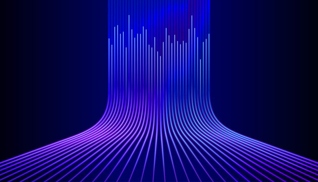 Futuristic abstract background showing a data flow waterfall. Glowing blue and purple lines symbolize high-speed internet, fiber optics, and big data processing.