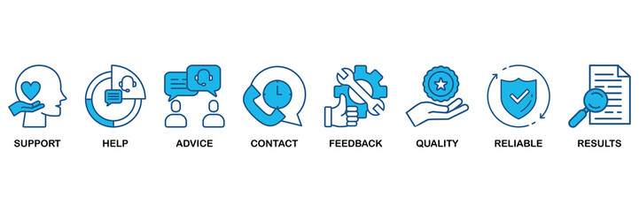 Customer service icon set In Blue Monochrome Flat Design, Vector Illustration concept relate to icon of support, help, advice, contact, feedback, quality, reliable, results