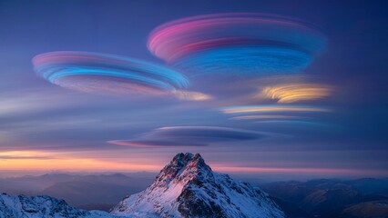 Colorful Swirl Aurora Over Snowy Mountain Range At Sunset And Clouds Sky Twilight Above Horizons
