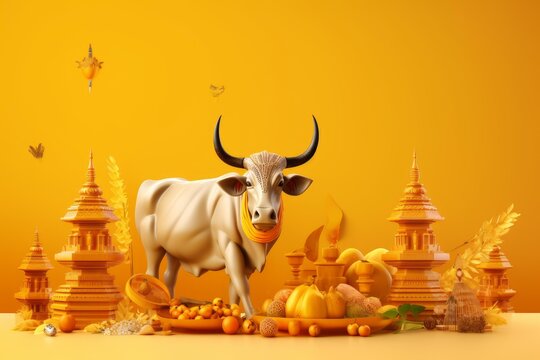 White cow figurine surrounded by fruits, traditional oil lamps, miniature temples, and autumn leaves, celebrating the gai jatra festival