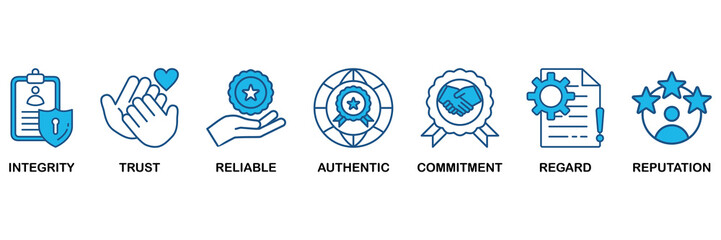 Credibility icon set In Blue Monochrome Flat Design, Vector Illustration concept relate to icon of integrity, trust, reliable, authentic, commitment, regard, and reputation