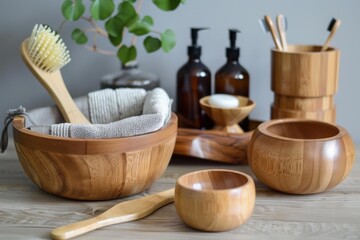 Wooden bathroom accessories showing sustainability lifestyle with reusable and eco friendly hygiene products