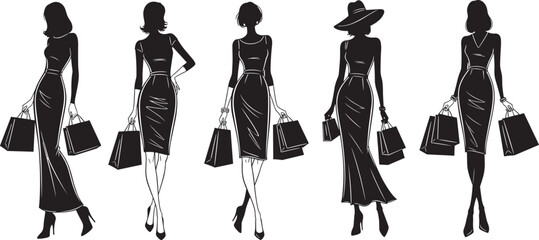 Elegant shopping woman silhouette set, black vector fashion poses with bags, heels, hat for retail, branding, lifestyle design, and illustration