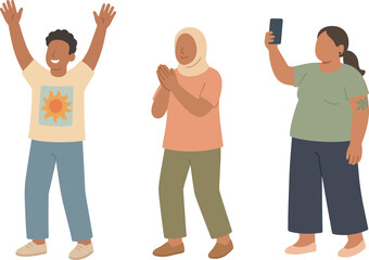 A group of people enjoying a moment of celebration, with one cheering, another clapping, and the third capturing the moment on a phone.