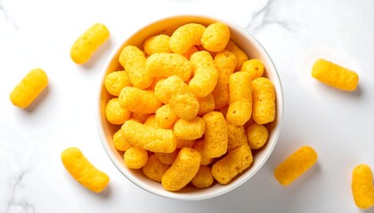 Top-down view of a white bowl filled with yellow, puffed corn snacks scattered on a white marble surface