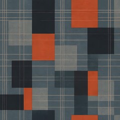 Modern geometric pattern with bold orange and navy squares layered on a textured plaid, perfect for backgrounds, textiles, and stylish design projects