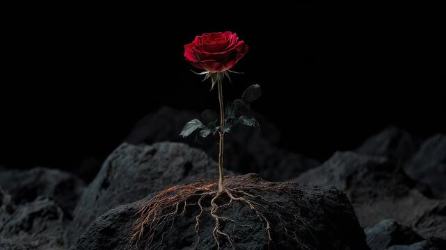 Surreal digital art of a red rose growing from stone roots against a black background
