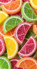 Colorful sugary citrus fruit candy slices create a vibrant, playful scene perfect for sweet treats, dessert promotions, or fun, cheerful designs