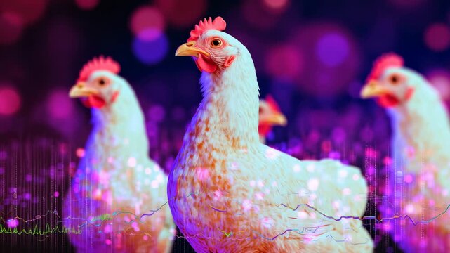 Digitally Enhanced White Chickens with Red Combs Standing in a Row Against a Blurred Bokeh Background with Pink and Purple Lights Enhanced by Visual Data Stream Aesthetics