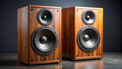 Fototapeta premium Two wooden speakers with black drivers sit on a dark surface against a blurred dark gray backdrop