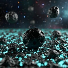 Explore a stunning alien planet with glowing minerals and mysterious dark asteroids, perfect for science fiction or fantasy projects, igniting curiosity