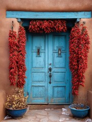 Naklejka premium Santa Fe, New Mexico: Chile Ristras Decking Doors for Holiday Season Decor