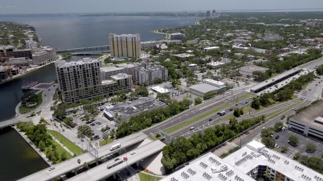Busy freeway in Tampa, Florida with drone video stable wide shot.