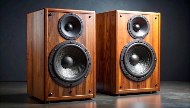 Two wooden speakers with black drivers sit on a dark surface against a blurred dark gray backdrop