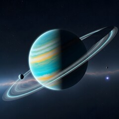 Explore a stunning gas giant with vibrant blue and gold hues, surrounded by glowing rings and distant moons in a star-filled cosmic landscape