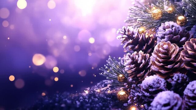 Close-up of snowy pine cones and golden ornaments on Christmas tree branches with purple bokeh lights, smooth camera movement, copy spae for greetings