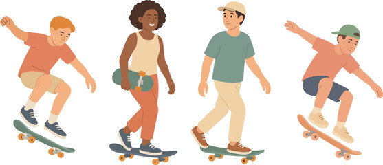 A group of people riding skateboards, with some performing tricks, others walking and enjoying the activity. Ideal for urban lifestyle and youth culture concepts