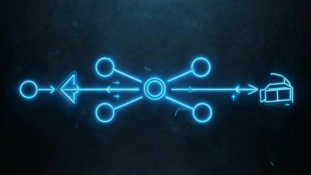 A neon blue graphical representation of data flow on a dark textured background