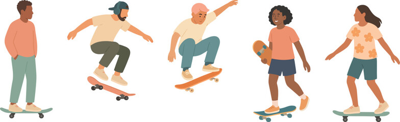 Skateboarding action with young people performing tricks outdoors, full of energy and fun.