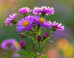 Obraz premium Vibrant cluster of purple asters with bright yellow centers, set against a bokeh background