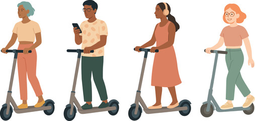 A group of people riding electric scooters in a modern urban environment, showcasing convenience, mobility, and eco-friendly transportation for a young, active lifestyle.