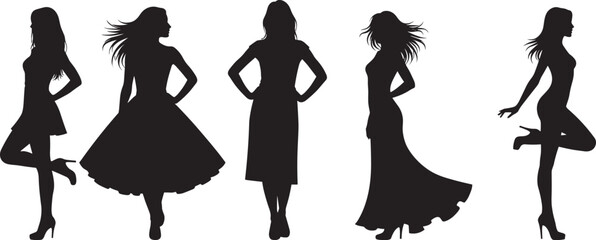 Fashion silhouettes of women in stylish dresses, high heels, dynamic poses, elegance, movement, black figures, isolated, lifestyle concept, white background