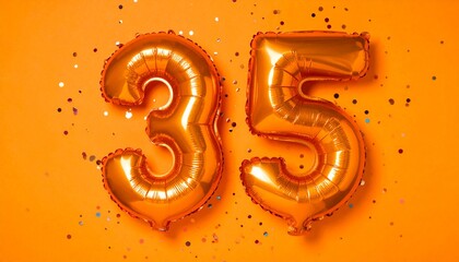 Orange balloon number 35 with confetti on solid colored background. Photo for anniversary or birthday party