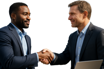 Two businessmen in suits shaking hands, isolated style on white background. Concept of business agreement, trust, partnership and professional success. Ai generative.