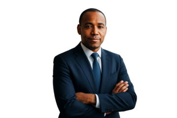 Portrait of confident businessman wearing navy suit, isolated style on white background. Concept of success, leadership, and professionalism. Ai generative