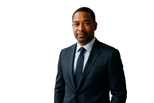 Portrait of confident businessman in navy suit, realistic photo style, isolated on white background. Concept of leadership and success. Ai generative