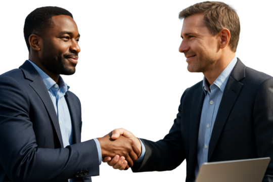 Two businessmen in suits shaking hands, isolated style on white background. Concept of business agreement, trust, partnership and professional success. Ai generative.
