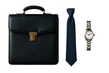 Classic black briefcase, navy tie, and silver wristwatch isolated on white background, closeup style, concept of business essentials. Ai generative