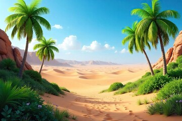 Obraz premium Lush Oasis in the Desert Palm Trees Swaying Gently in a Vibrant, Tranquil Scene of Natures Contrast