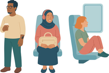 People traveling in a train, enjoying their journey by relaxing, listening to music, and drinking coffee, showcasing diverse passengers in comfortable settings.