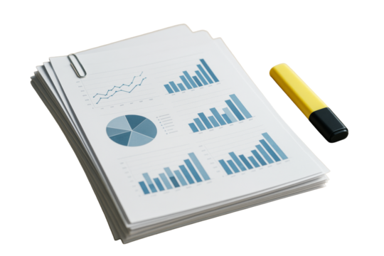 Stack of paper with bar, pie, and line charts and a yellow marker, isolated on white background, clean business presentation concept. Ai generative