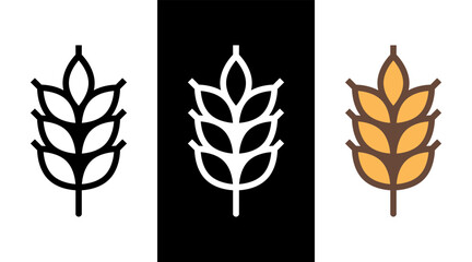 Wheat icon in different style: line black, white and flat colorful.