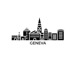 Naklejka premium Geneva skyline, horizon logo. Panorama of Switzerland city icon with landmarks, cathedral, lakeside, downtown. Isolated black graphic, vector clipart