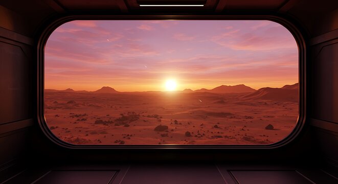 Sunset over martian landscape viewed through spaceship window - Powered by Adobe