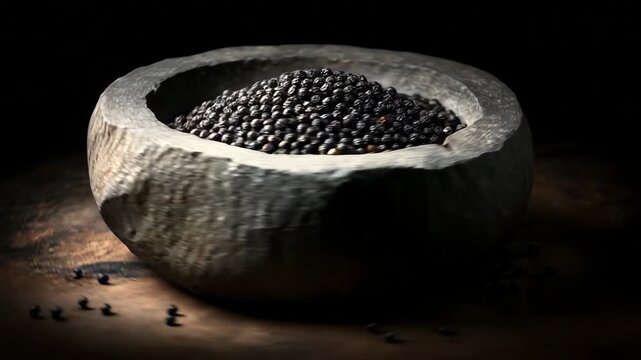 Black Seeds in Stone Bowl Still Life on Dark Backdrop Featuring a Rustic Stone Bowl Filled with Shiny Black Seeds in Moody Lighting with Dark Brown Background and a Natural Textured