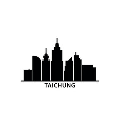 Obraz premium Taichung skyline, horizon logo. Panorama of Taiwan city icon with landmarks, skyscrapers, buildings, downtown. Isolated black graphic, vector clipart