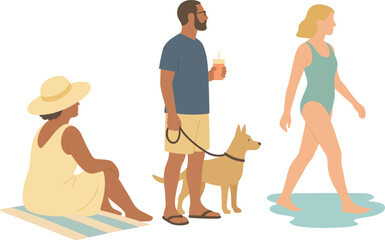 People enjoying a day at the beach, walking with a dog, relaxing in the sun, and strolling along the shoreline.