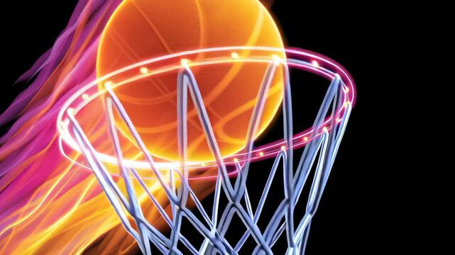 Basketball is in the air with a net behind it. The ball is orange and the net is white