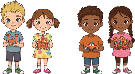 Cartoon children holding creative objects, diverse characters, toy models and crafts, playful activity, colorful outfits, educational theme, cheerful illustration