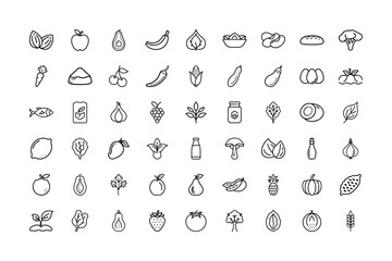 Organic food line art icon collection with fruits vegetables leaves bread fish nuts and drinks in minimal outline style perfect for healthy lifestyle diet eco farm fresh product packaging.