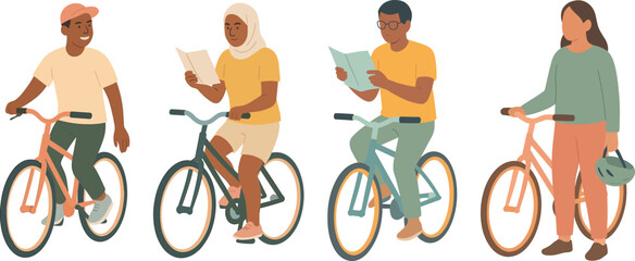 People cycling outdoors, some reading maps while riding, enjoying a bike ride with helmets and casual clothing.